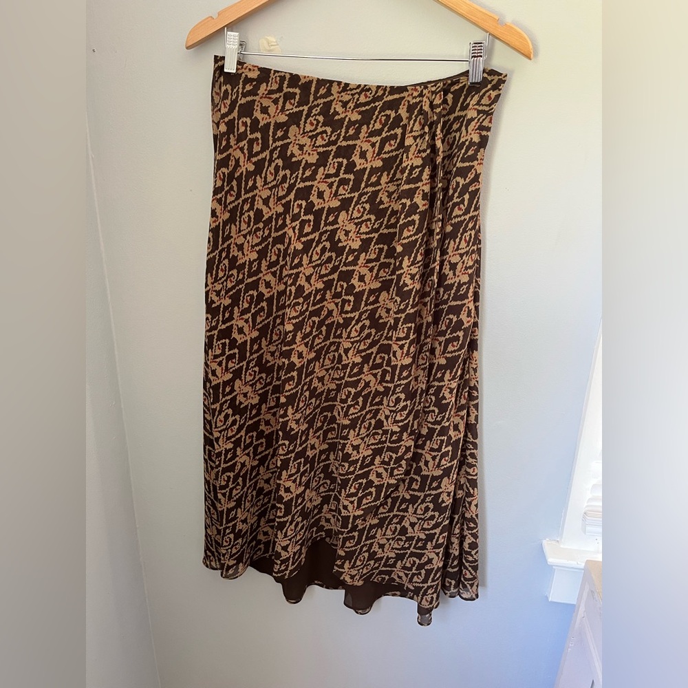 Chaps Brown and Tan Patterned‎ Midi Skirt, false wrap,little asymmetric front